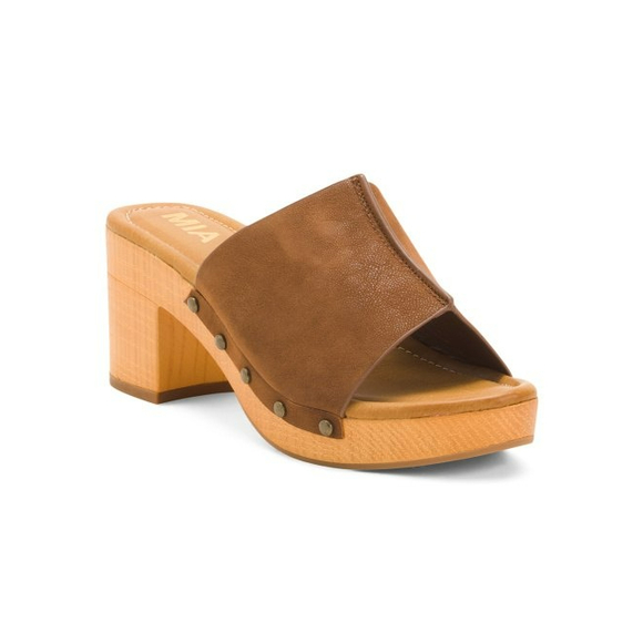 Mia Chunky Wood Bottom Open Peep Brown Casual Summer Sandals Women 9 - Picture 3 of 11